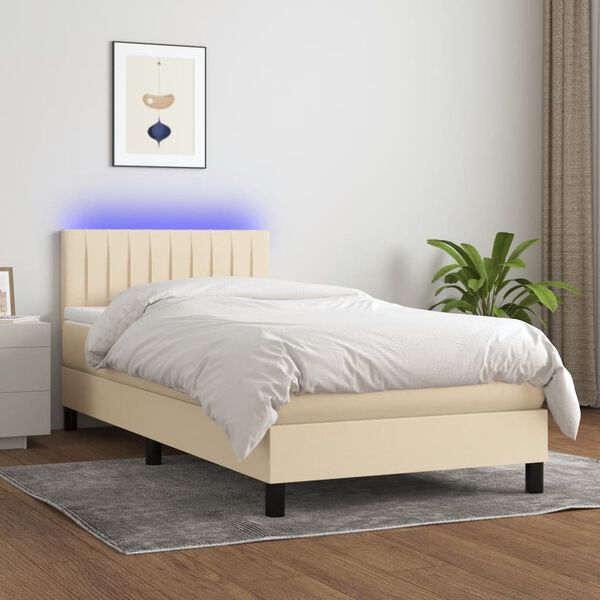 vidaXL Letto a Molle con Materasso e LED Crema 90x200 cm in Tessuto