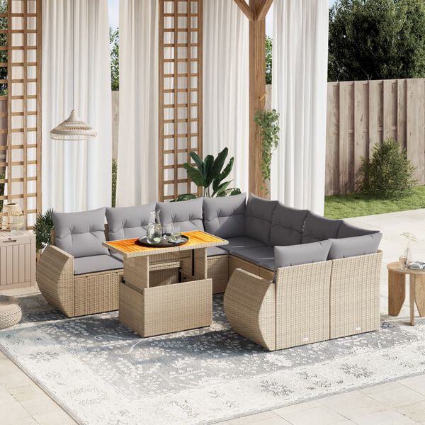 vidaXL Set Divano da Giardino 9 pz con Cuscini Beige in Polyrattan