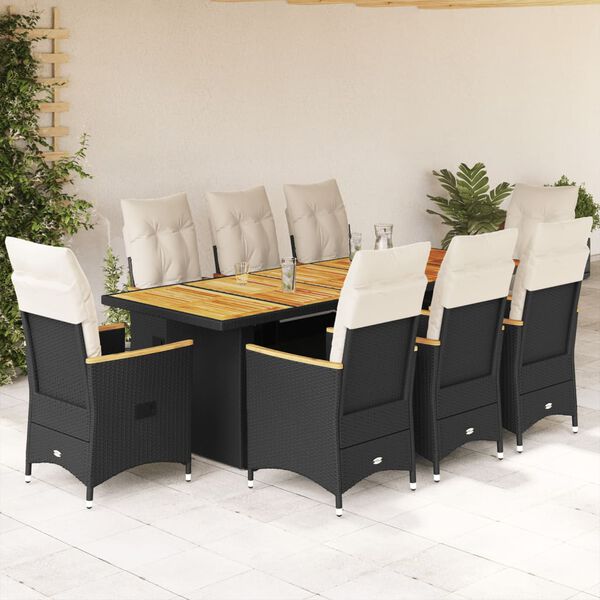 vidaXL Set Bistr&ograve; da Giardino 9 pz con Cuscini in Polyrattan Nero