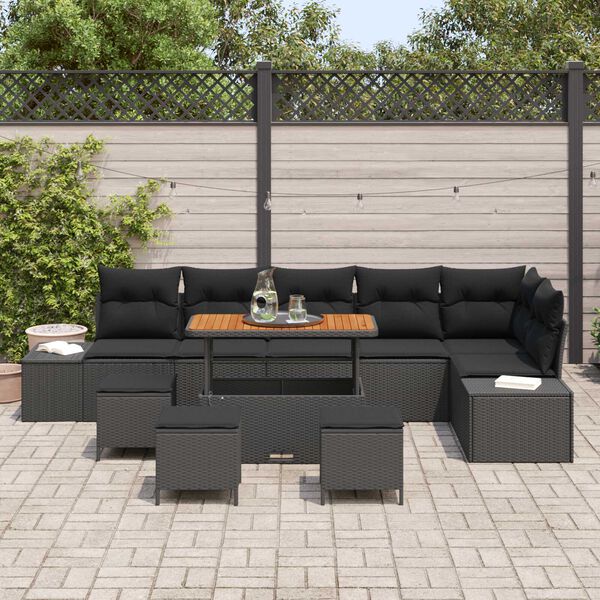 vidaXL Set Divano da Giardino con cuscino 10 pcs Nero Poly Rattan