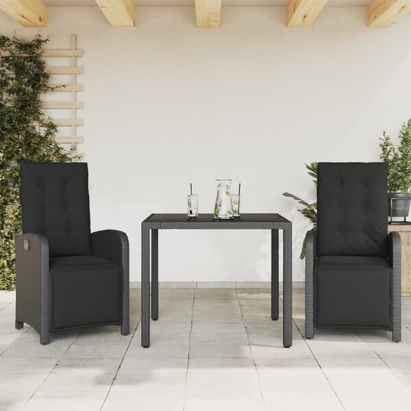 vidaXL Set da Bistrò 3 pz con Cuscini Nero in Polyrattan