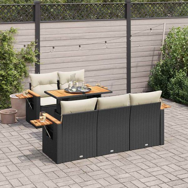 vidaXL Set Divano da Giardino 6 pz con Cuscini Nero Polyrattan Acacia