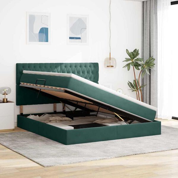 vidaXL Letto con contenitore e materasso Verde Scuro 160 x 200 cm