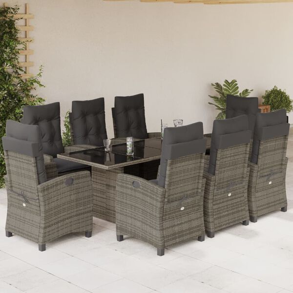 vidaXL Set da Pranzo da Giardino 9 pz con Cuscini in Polyrattan Grigio