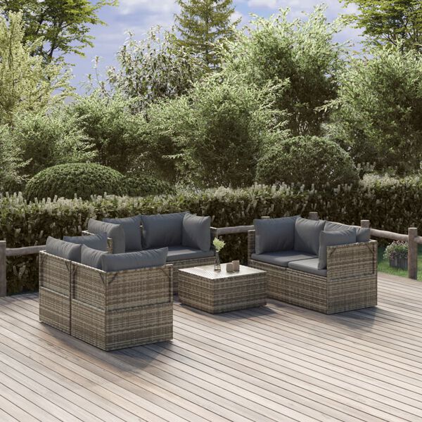 vidaXL Set Divani da Giardino 7 pz con Cuscini in Polyrattan Grigio