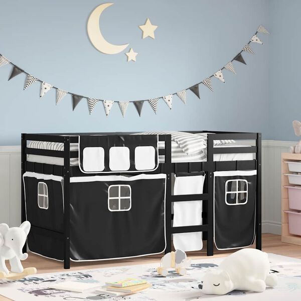 vidaXL Letto a Soppalco con Tende Bambini Bianco e Nero 80x200 cm Pino