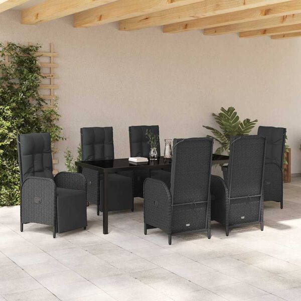 vidaXL Set da Pranzo per Giardino con cuscino 7 pcs Nero polyrattan
