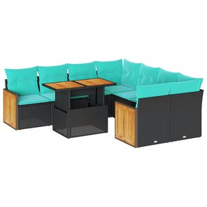 vidaXL Set Divani da Giardino 9 pz con Cuscini Nero Polyrattan Acacia