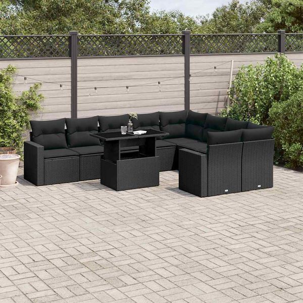 vidaXL Set Divani da Giardino 10pz con Cuscini in Polyrattan Nero