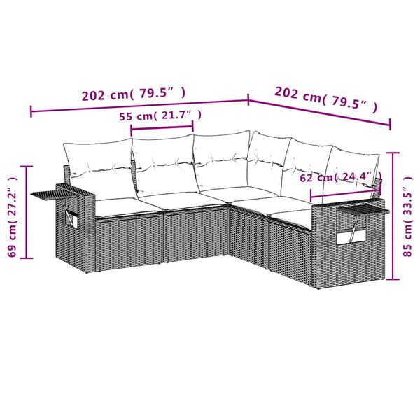 vidaXL Set Divano da Giardino 5pz con Cuscini Grigio Chiaro Polyrattan