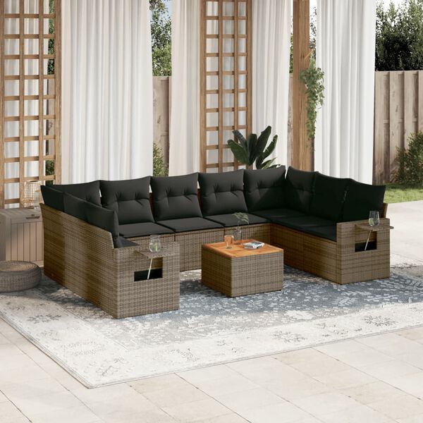 vidaXL Set Divano da Giardino 10 pz con Cuscini Grigio in Polyrattan