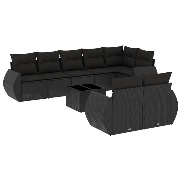 vidaXL Set Divani da Giardino 9 pz con Cuscini Nero in Polyrattan