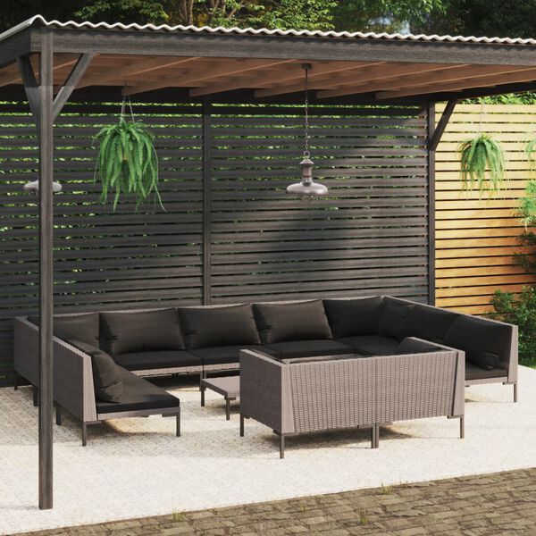 vidaXL Divani da Giardino 12 pz con Cuscini in Polyrattan Grigio Scuro
