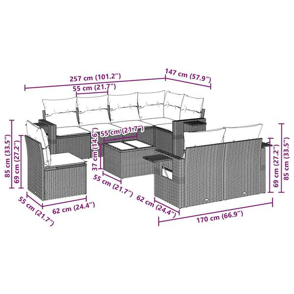 vidaXL Set Divano da Giardino 9pz con Cuscini Grigio Chiaro Polyrattan