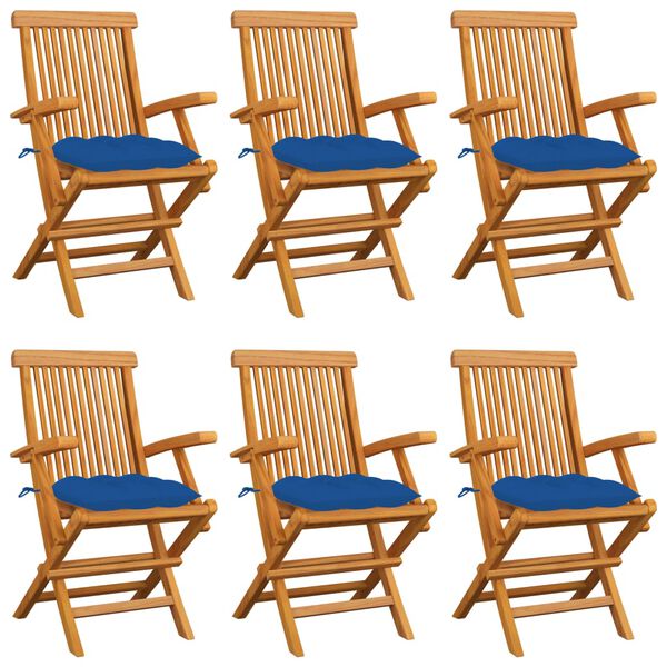 vidaXL Sedie da Giardino con Cuscini Blu 6 pz Legno Massello di Teak