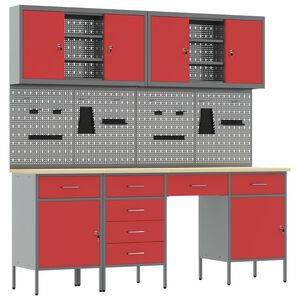 vidaXL Mobile da lavoro 10 pz Rosso Legno ingegnerizzato e acciaio