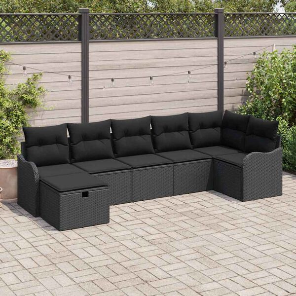 vidaXL Set Divano da Giardino con cuscino 7 pcs Nero Poly Rattan