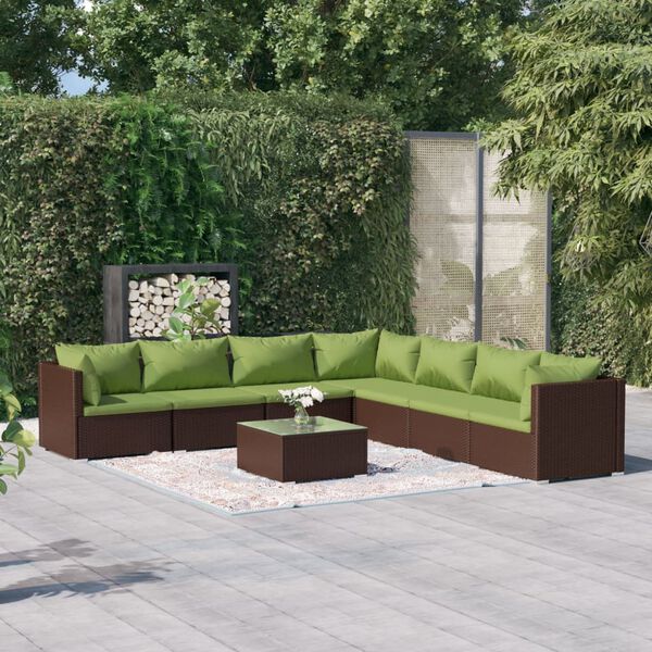 vidaXL Set Divani da Giardino 8 pz con Cuscini in Polyrattan Marrone