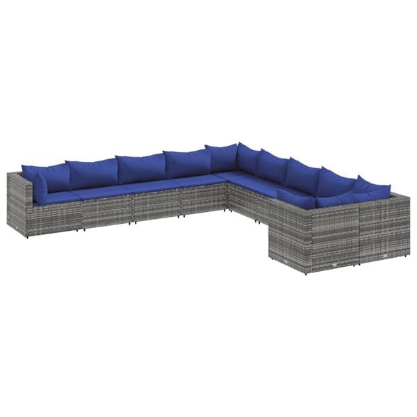 vidaXL Set Divano da Giardino 10 pz con Cuscini Grigio in Polyrattan