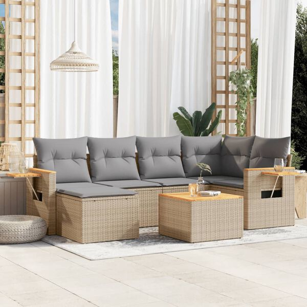 vidaXL Set Divani da Giardino 7 pz con Cuscini Beige in Polyrattan