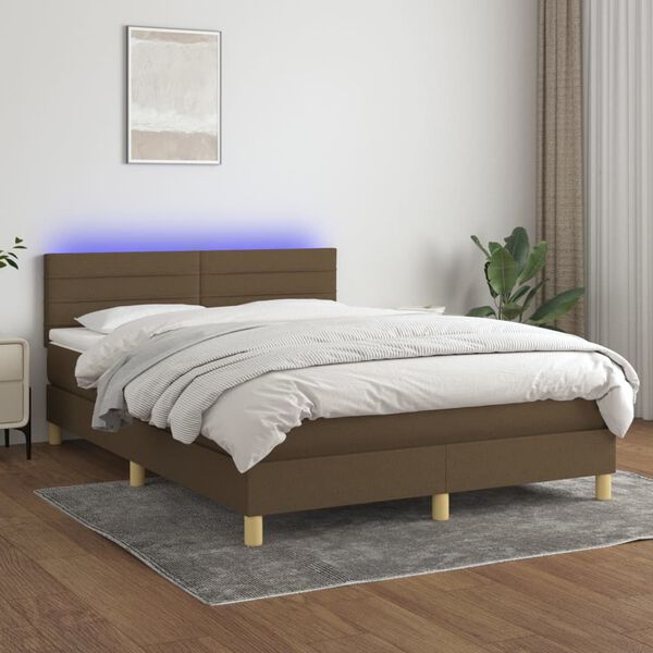 vidaXL Letto a Molle Materasso e LED Marrone Scuro 140x200 cm Tessuto