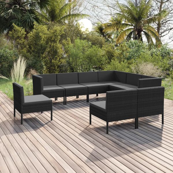 vidaXL Set Divani da Giardino 9 pz con Cuscini in Polyrattan Nero