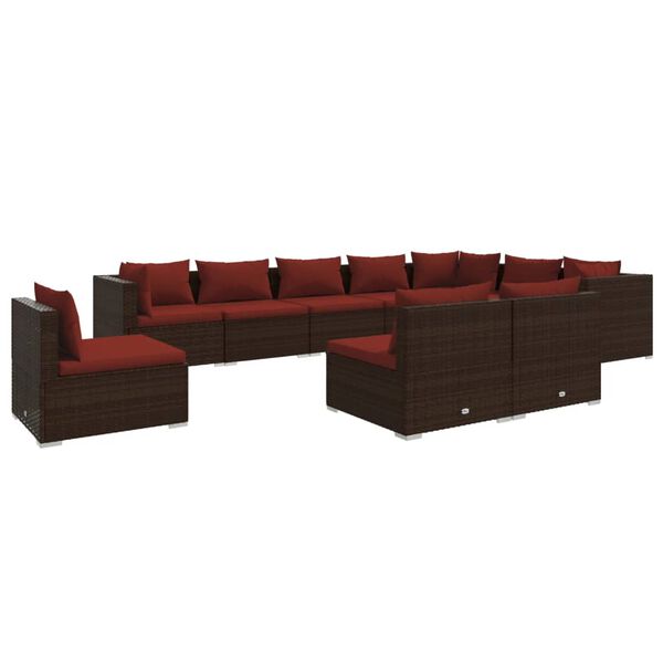 vidaXL Set Divani da Giardino 10 pz con Cuscini in Polyrattan Marrone