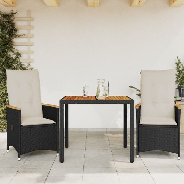 vidaXL Set da Bistrò 3 pz con Cuscini Nero in Polyrattan
