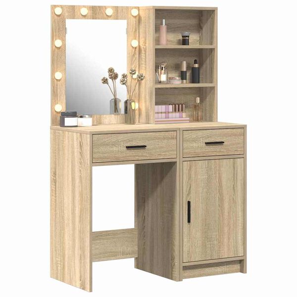vidaXL Set da tavolo da trucco con LED con porta 2 pcs Rovere Sonoma