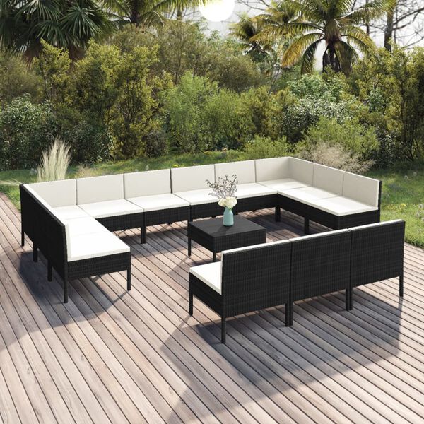 vidaXL Set Divani da Giardino 14 pz con Cuscini in Polyrattan Nero