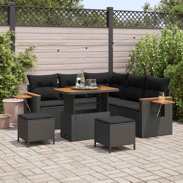 vidaXL Set Divano da Giardino con cuscino Nero Poly Rattan