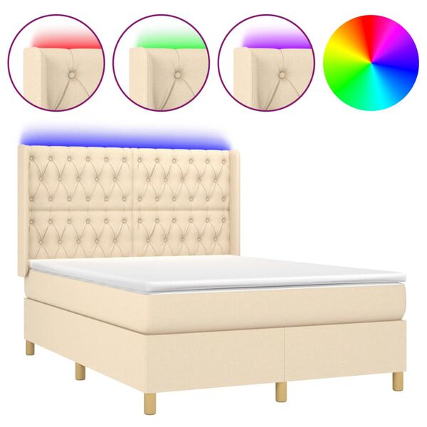 vidaXL Letto a Molle con Materasso e LED Crema 140x190 cm in Tessuto