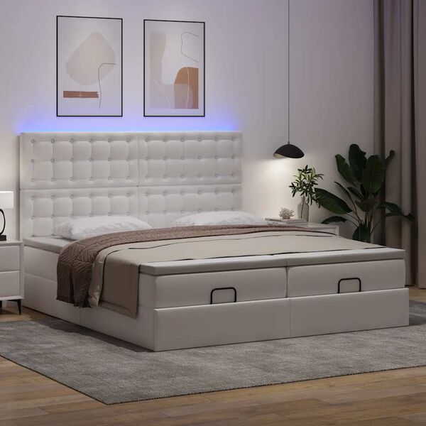 vidaXL Pouf Letto con Materassi e LED Bianco Puro 160x200cm Similpelle