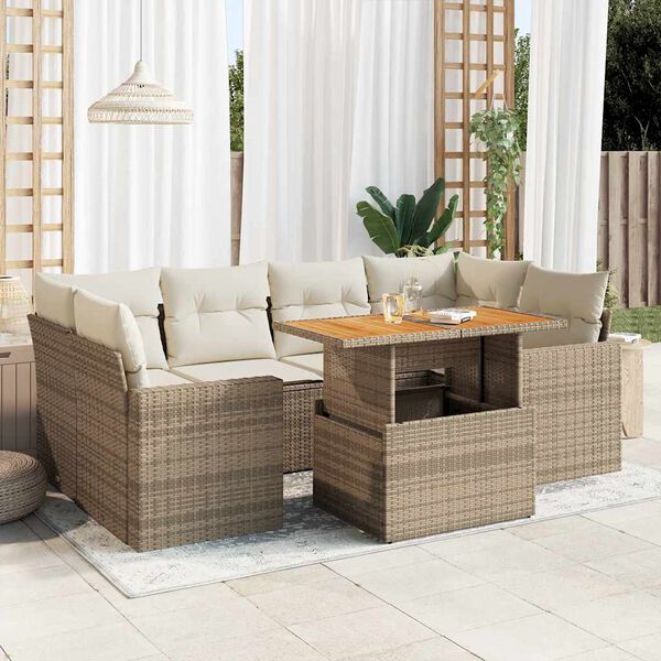 vidaXL Set Divani da Giardino 7 pz con Cuscini Beige in Polyrattan