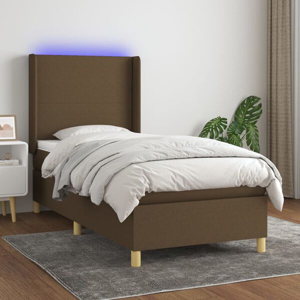 vidaXL Letto a Molle Materasso e LED Marrone Scuro 90x190cm in Tessuto