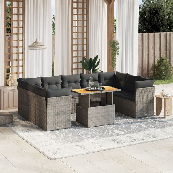 vidaXL Set Divano da Giardino 10 pz con Cuscini Grigio in Polyrattan