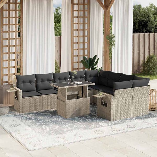 vidaXL Set Divano Giardino 10 pz con Cuscini Grigio Chiaro Polyrattan