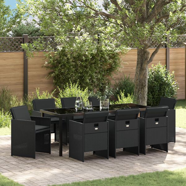 vidaXL Set da Pranzo per Giardino con cuscino 9 pcs Nero polyrattan