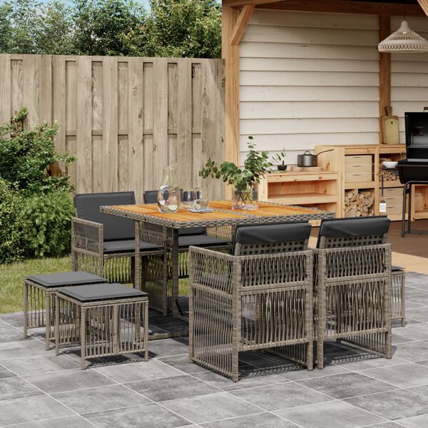 vidaXL Set da Pranzo da Giardino 9 pz con Cuscini in Polyrattan Grigio