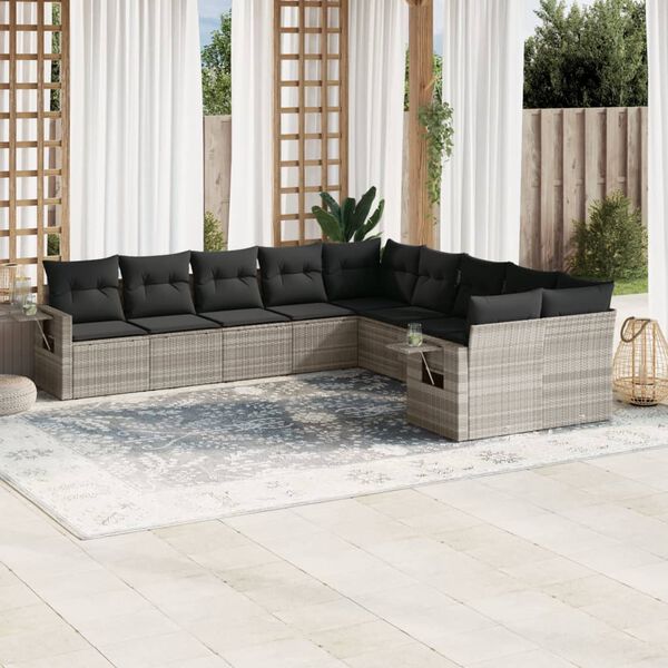 vidaXL Set Divano Giardino 10 pz con Cuscini Grigio Chiaro Polyrattan