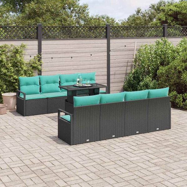 vidaXL Set Divano da Giardino con cuscino 7 pcs Nero e blu polyrattan
