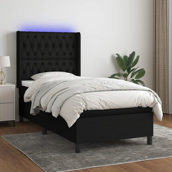 vidaXL Letto a Molle con Materasso e LED Nero 100x200 cm in Tessuto