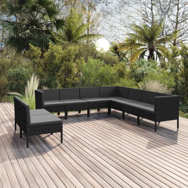 vidaXL Set Divani da Giardino 9 pz con Cuscini in Polyrattan Nero