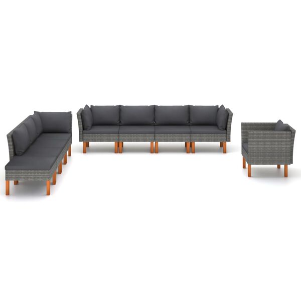 vidaXL Set Divani da Giardino 9pz Polyrattan Legno di Eucalipto Grigio