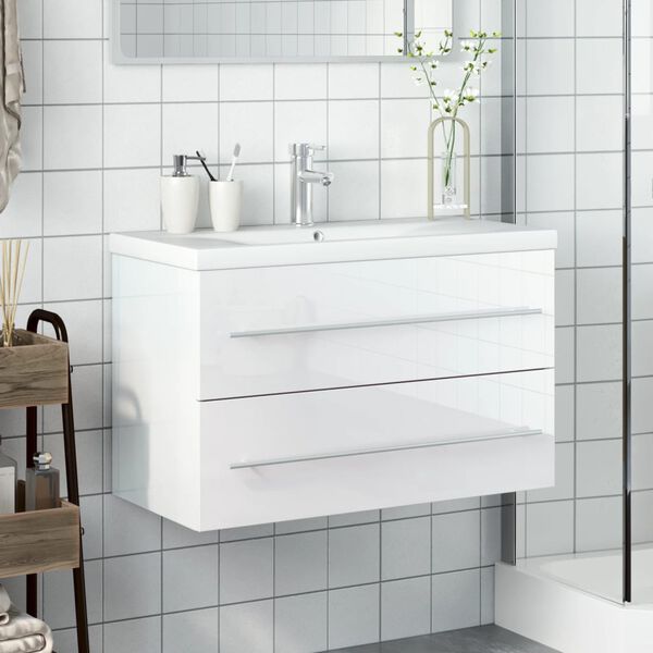 vidaXL Mobile da Bagno con Lavabo Integrato Bianco Lucido
