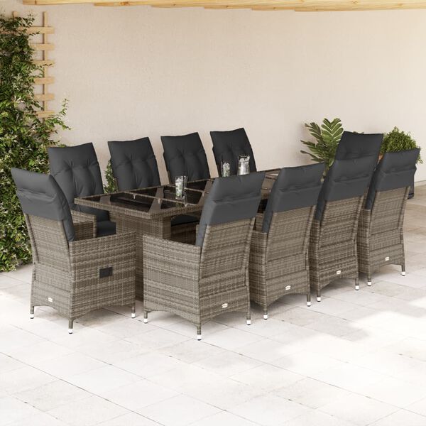 vidaXL Set Bistr&ograve; da Giardino 11 pz con Cuscini in Polyrattan Grigio