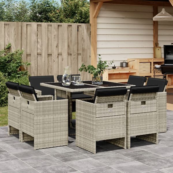 vidaXL Set Pranzo da Giardino 9pz con Cuscini Grigio Chiaro Polyrattan
