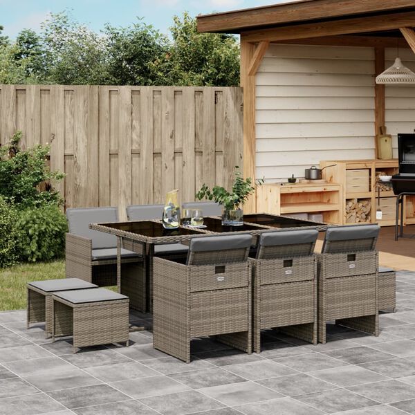 vidaXL Set da Pranzo da Giardino 11pz con Cuscini in Polyrattan Grigio