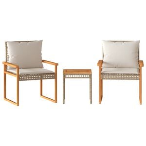 vidaXL Set da Bistr&ograve; 3 pz con Cuscini Beige Misto Polyrattan e Acacia