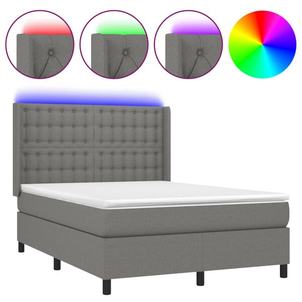 vidaXL Letto a Molle Materasso e LED Grigio Scuro 140x190cm in Tessuto